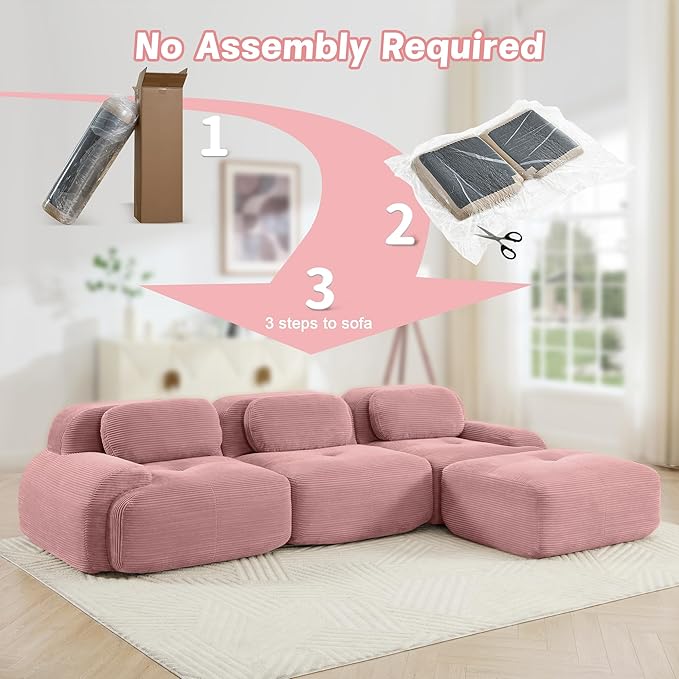 SoarFlash 117" Modern L-Shaped Modular Sectional Sofa for Living Room, Corduroy Upholstery Oversized 3-Seater Couch with Deep Seat and Movable Ottoman-No Assembly, Pink