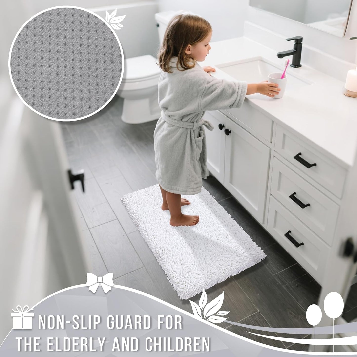 Yimobra Long Bathroom Rugs Runner 70x24 Inch, Extra Thick Soft Absorbent Chenille Bath Mat, Non Slip Machine Washable, Quick Dry Bath Rugs for Bathroom Floor, Tub and Shower, White