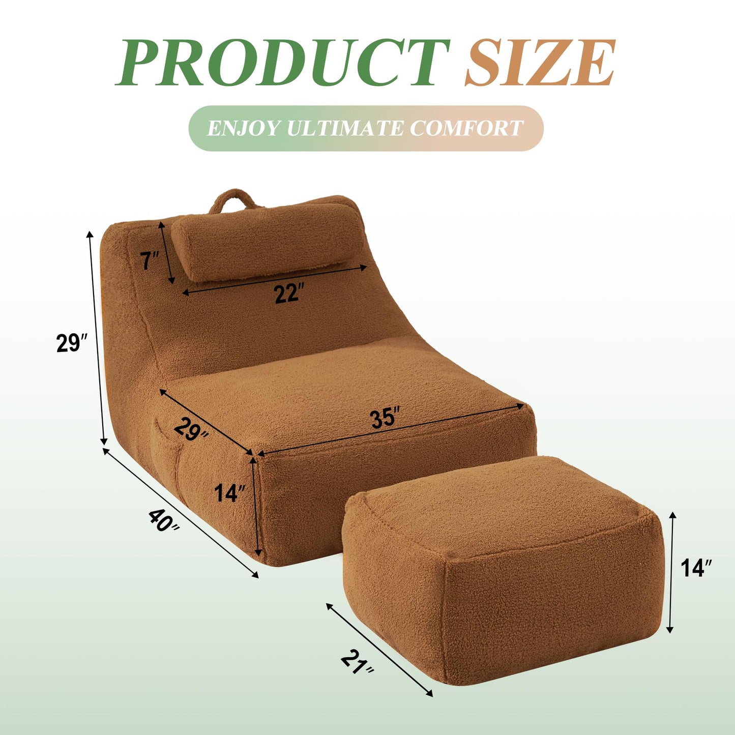 HABUTWAY Giant Bean Bag Chairs for Adults with Ottoman&Storage Pocket, Big BeanBag Chair Large Bean Bag Couch with Memory Foam Filled, Soft Faux Fur Bean Bag Sofa for Living Room(TEDDYBROWN)