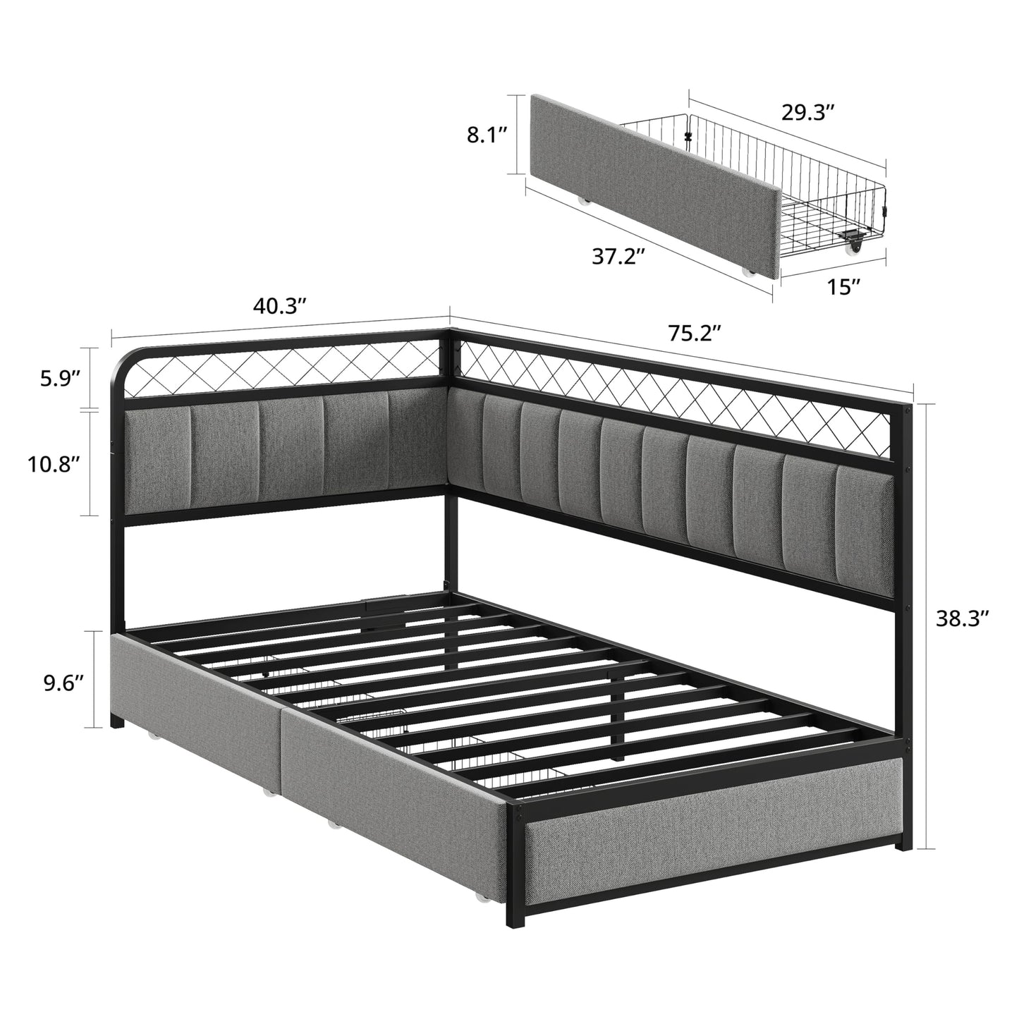 ANCTOR Twin Corner Bed Frame with 2 Storage Drawers, Daybed with LED Lights and Charging Station, Metal Platform Bed Frame for Living Room, Bedroom and Guest Room, Gray