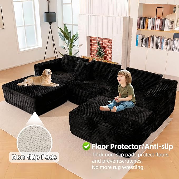 110 Modular Sectional Boneless Sofa with 2 Ottomans, Corduroy U-Shaped Modular Sectional Sofa, Convertible Cloud Couch with Deep Seats, No Assembly Required (Black, 110" 3Seat+2 0ttoman)