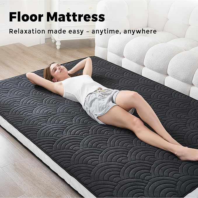 Zelladorra Japanese Floor Mattress, Quilted Futon Mattress with Anti-Slip Bottom, Foldable Floor Bed with Storage Bag and Straps, (Black, Twin)