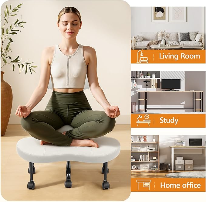 Cross Legged Office Chair, Criss Cross Desk Chair ADHD Meditation Kneeling Yoga Seat with Adjustable Height, Lumbar Support, Wider Footrest and Wheels (White)
