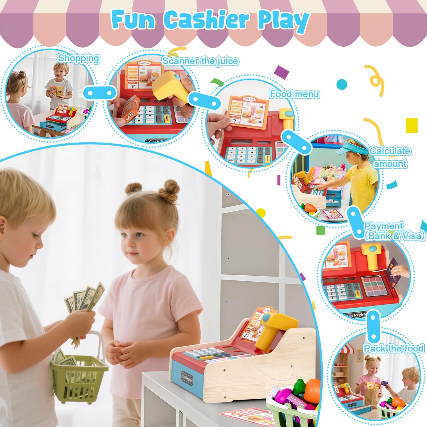 2025 Wooden Toy Cash Register for Kids,Rechargeable Counting Wood Cash Register Toys, Kids Cash Register with Scanner Realistic for Boy Girl Age 2-4 4-8, Pretend Toy Role-Playing Birthday Ideals Gift