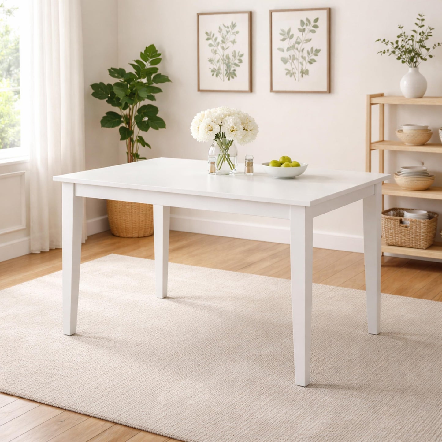 Modern 43.3 Inch Rectangular Dining Table, White Finish Solid Rubberwood