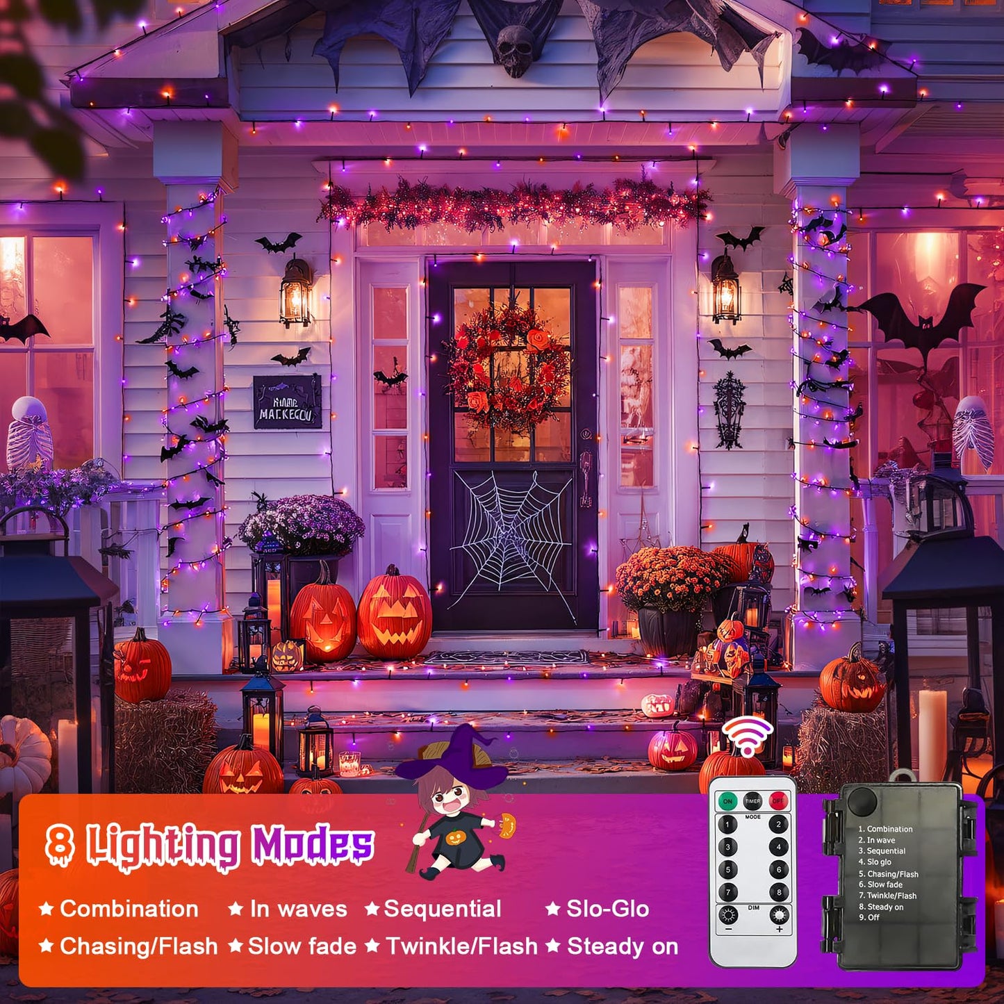 JMEXSUSS Orange and Purple Halloween Lights Battery Operated, Each 33 FT Indoor Halloween Lights Outdoor Waterproof, 2 Pack 100 LED Christmas Light for Christmas Tree Decor
