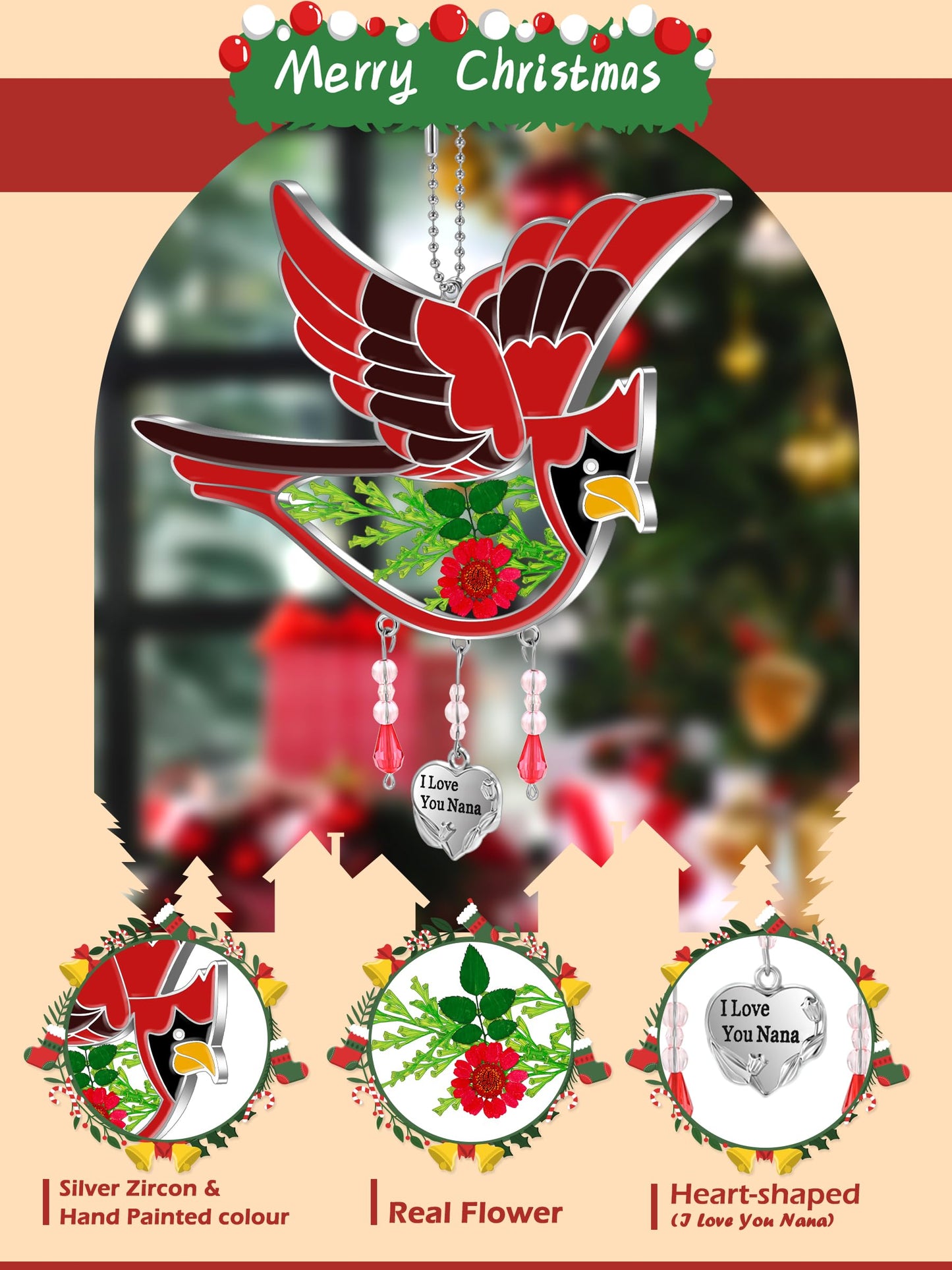 KY&BOSAM Cardinal Suncatcher I Love You Nana Gifts Stained Glass for Windows Hangings Wind Chime Ornament with Pressed Real Flowe and Heart Charm Birthday Gifts for Nana Women Mother's Day Christmas