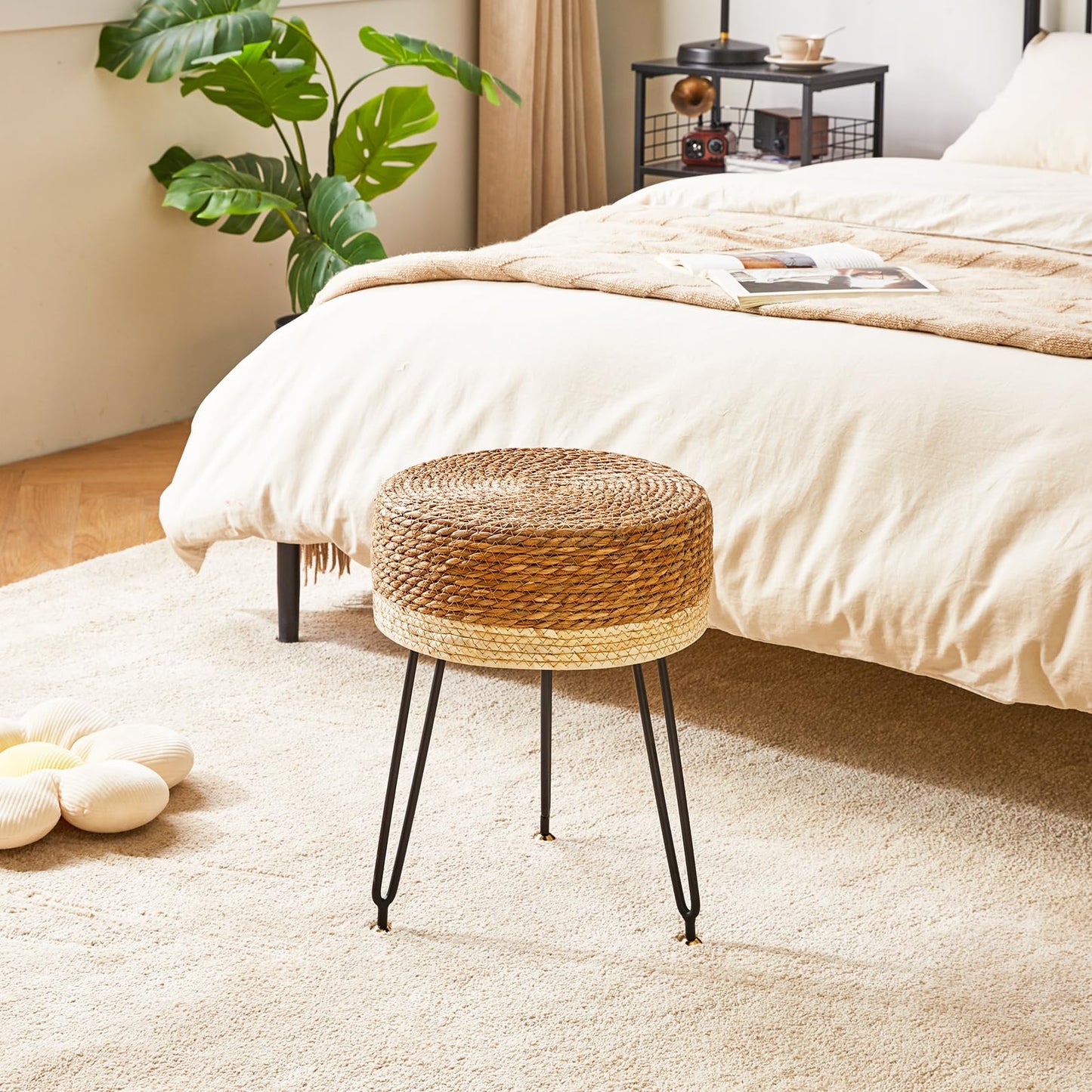 YMYNY Pouf Ottoman, Handmade Natural Water Hyacinth, Pastoral Style Footrest, Footstool with 4 Metal Legs Round Vanity Stool for Bedroom, Hallway, Living Room 12.59"L×12.59"W×17.71"H White UHBD029W