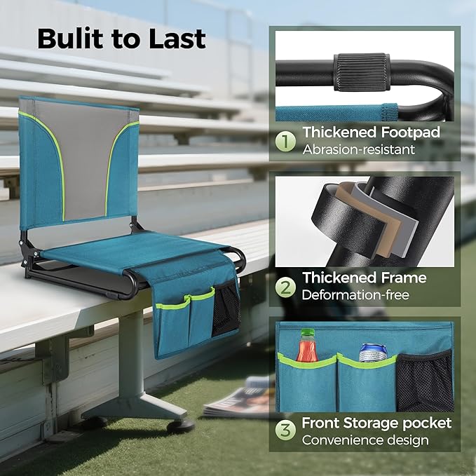 GREEN PARTY Portable Folding Stadium Seats Extra Wide 20.1" Chair for Bleachers Set of 2 with 2 Storage Pockets & Mesh Cup Holder, 600D Oxford Fabric Comfortable Padded Cushion Back Support Blue Grey
