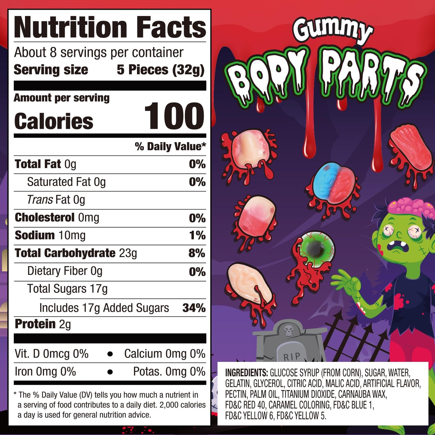 Amos Halloween Gummy Body Parts, Spooky Candy for Trick-or-Treat, Halloween Snacks, and Edible Decorations – Approx. 36 Individually Wrapped Pieces, 9oz Bag
