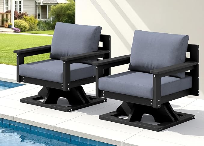 SERWALL Outdoor Swivel Chairs Set of 2, HDPE All-Weather Patio Swivel Sofas with Thick Cushions for Porch, Balcony, Black Frame with Gray Cushions