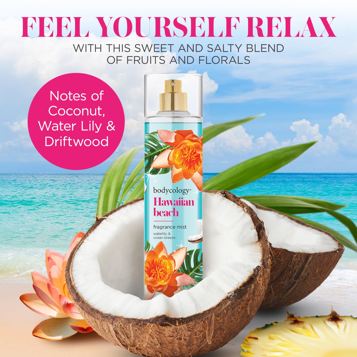 Bodycology Long-Lasting Fragrance Body Mist, Hawaiian Beach, 8 fl oz (Pack of 2)