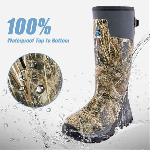 Trudave Hunting Boots for Men, Waterproof Rubber Boots with Steel Shank, 5mm Neoprene Camo Insulated Outdoor Hunting Boots, Real Reed, Size 6