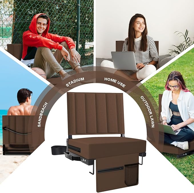 Aliphon Stadium Seat for Bleachers with Back Support and Cushion, Bleacher Seats with Shoulder Strap and Cup Holder, Padded Portable Folding Comfort Stadium Chair, for Sports Events, Brown (1pcs)