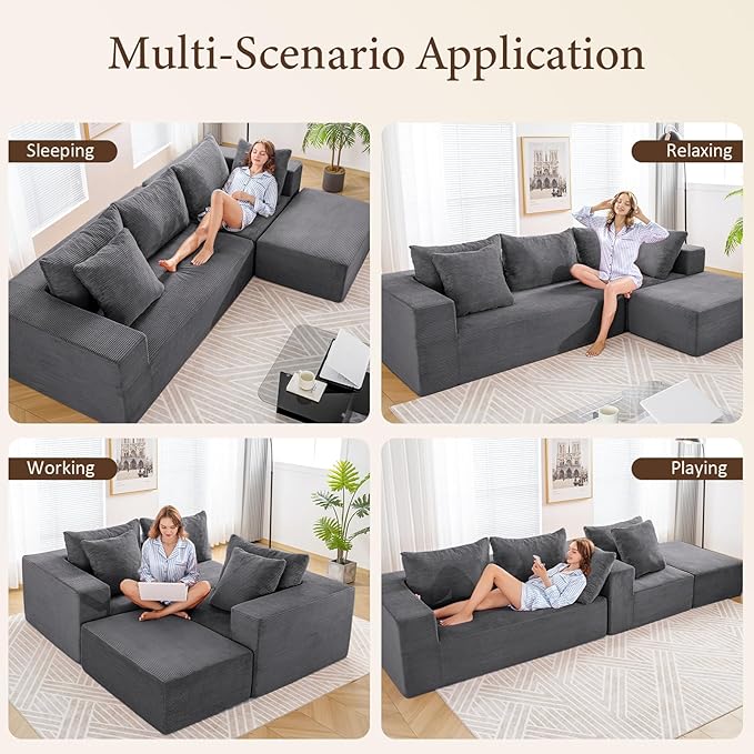 INGEROOM 108" Modular Cloud Sectional Couch with Deep Seat, Boneless Sofa with Movable Ottoman, Plush Corduroy Memory Foam Couch for Living Room, No Assembly, Dark Gray