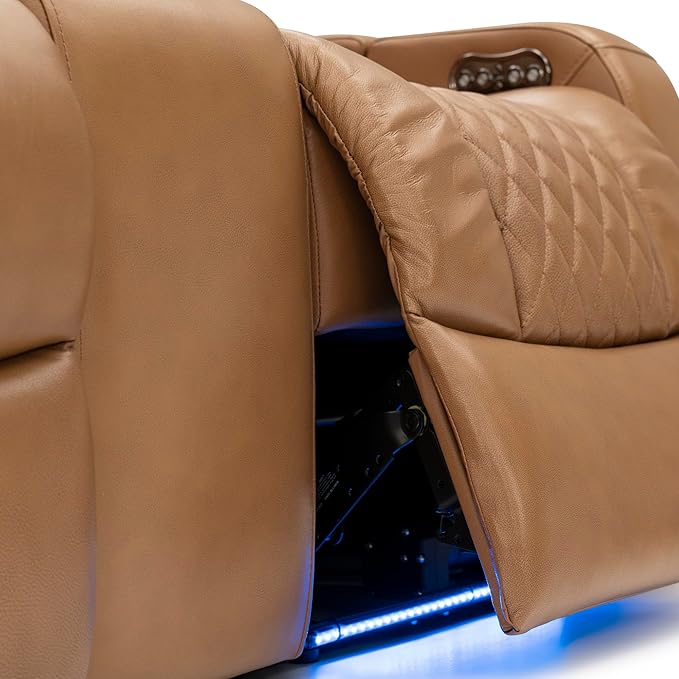Seatcraft Anthem Italian Leather Sofa w/Fold-Down Table, Living Room, Power Headrest, Power Recline, Tan Oak