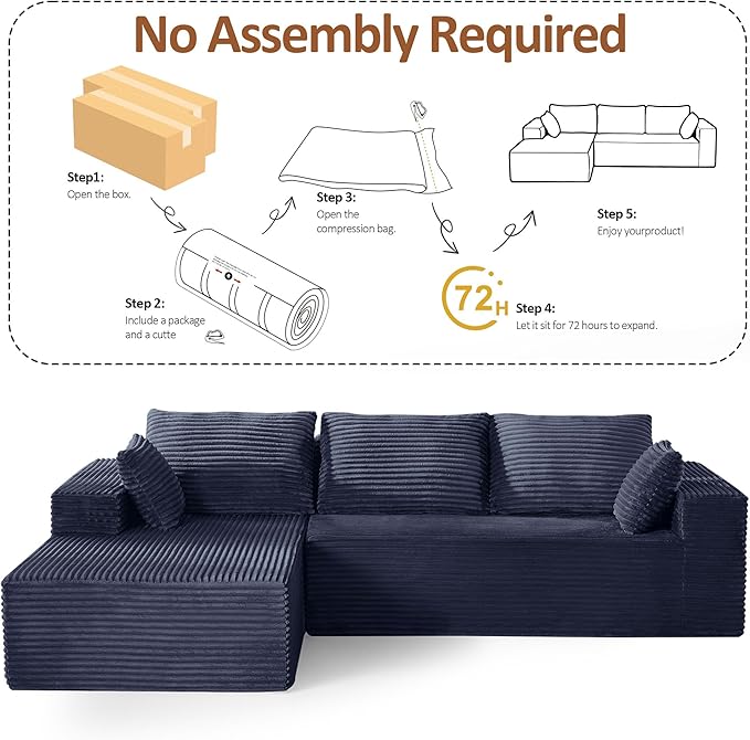 WUTUTUEE 110" Boneless Sectional Couch with Chaise Lounge, Cloud Couch Compressed Sofa L Shape, No Assembly Memory Foam Sofa for Living Room, Blue Corduroy