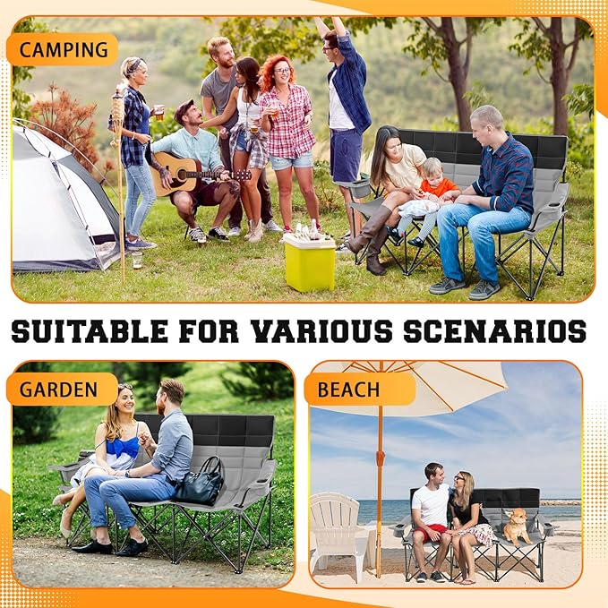 Teenyyou 3 Person Camping Chair Fully Padded Outdoor Oversized Loveseat Counch Double Camping Sofa with Cup Holder and Carry Bag for Lawn Beach Outdoor (Black, Camp Chair)