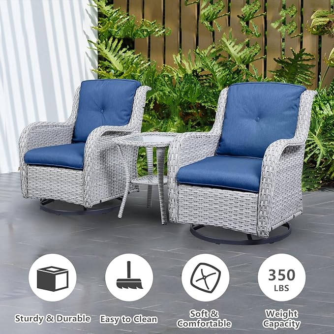 Belord Outdoor Swivel Rocker Patio Chairs Set of 3,High Back Swivel Patio Chairs Wicker Furniture Set,2 PCS Rattan Swivel Rocking Chair with Side Table,Light Grey Wicker (A089-2)
