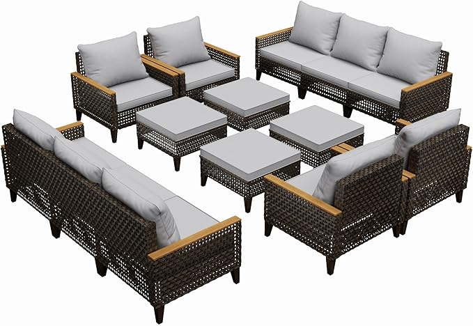 Xmkmvk 14 Piece Patio Sectional Sofa Furniture Set, All-Weather Wicker Rattan Outdoor Conversation Set with High Back and Thick Cushions, for Garden, Porch, Poolside, Gray