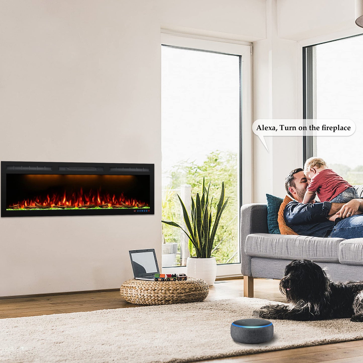 88 inch Electric Fireplace Heater, WiFi-Enabled Control via Alexa& App, Recessed and Wall Mounted Fireplace Insert w/Multicolor Realistic Flame Effects,Crackling Sound and Loget, 5100Btus, Black