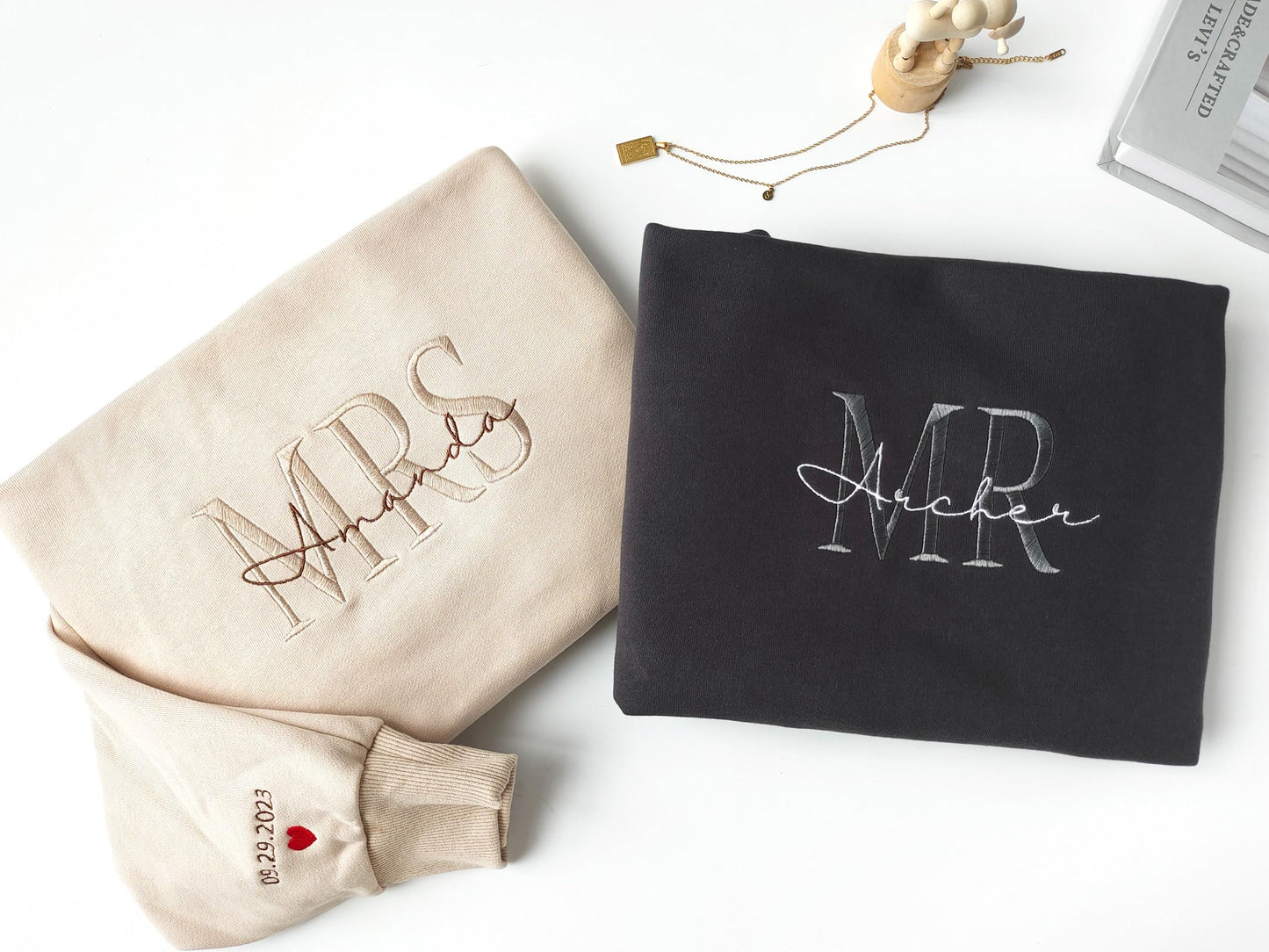 Givesmiles Custom Embroidered Mr & Mrs Sweatshirt & Hoodie, Personalized Couple Names, Custom Anniversary Date On Sleeve With Heart, Gifts For Wife, Husband, Gift For Anniversary, Couple Gifts