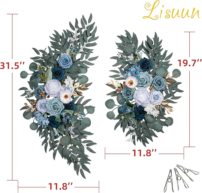 Wedding Arch Flowers, Artificial Floral Decor for Wedding Ceremony & Reception, Standard Size Large Flower Swag Set for Backdrop & Welcome Sign, Pack of 2 (Gray Blue)