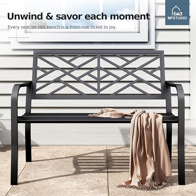 MFSTUDIO Outdoor Metal Bench Set of 2, Garden Patio 43.7 Inches Cast Iron Metal Frame Park Outside Benches with Geometric Pattern Backrest for Front Porch, Black