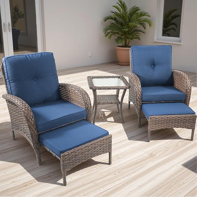 Rilyson Wicker Patio Furniture Set - 5 Piece Balcony Furniture Set with Hidden Ottomans, Rattan Outdoor Patio Chairs with Side Table for Porch Deck Poolside Garden Brown/Blue