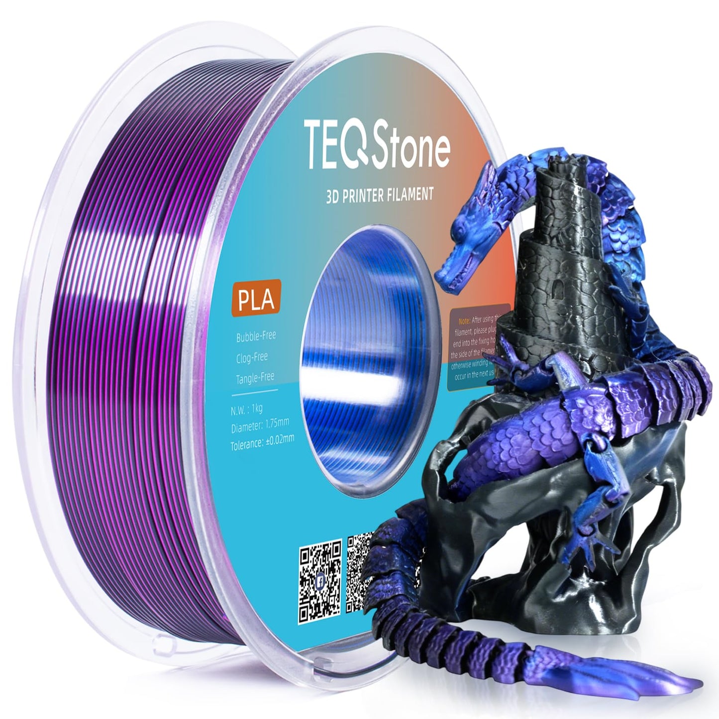 TEQStone Tri Color Silk PLA Filament 1.75mm Blue Purple Black 1KG, Shiny High Gloss Finish, Seamless Color Transition, Neatly Wo