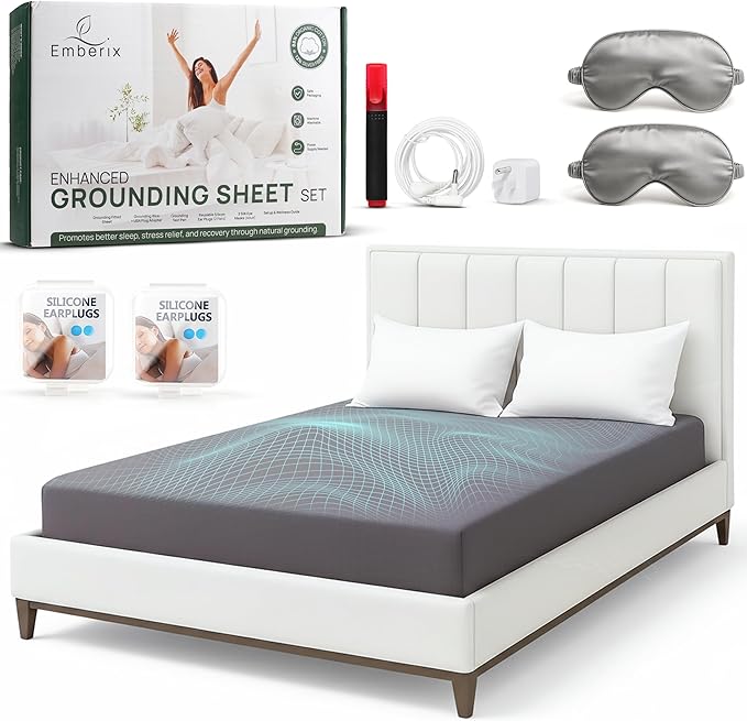 Emberix Grounding Sheets King Size, 12% Pure Silver Fiber Earthing Bed Sheet, 88% Cotton Naturally Soft & Cooling, Grounded Bed Sheets with Eye Masks & Ear Plugs for Rest & Wellness (Gray)