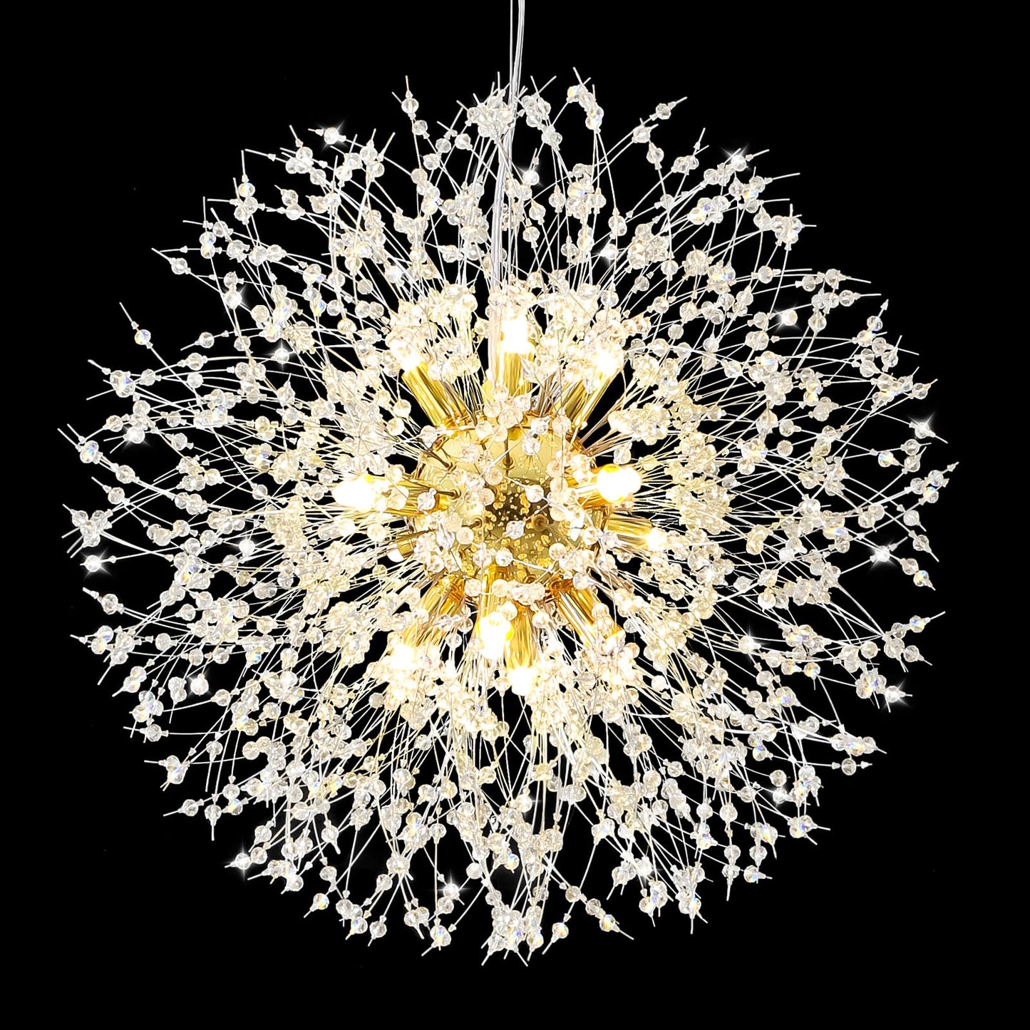 Qamra Modern Crystal Gold Chandeliers, Firework Dandelion Sputnik Chandelier Light Fixture Pendant Lighting for Dining Room, Bedroom, Kitchen, Living Room(12-Light, Gold)