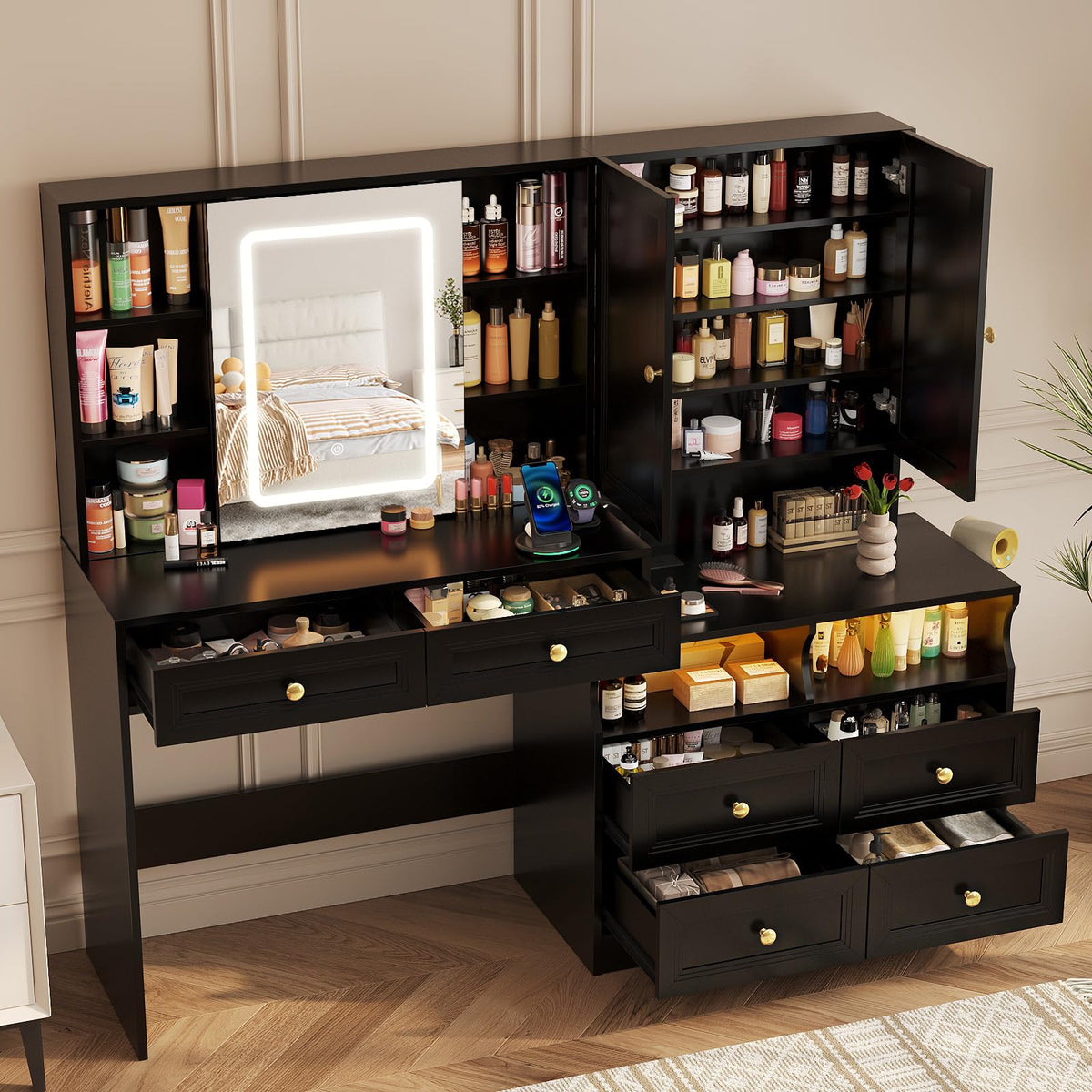 Vabches 58.6" Large Vanity Desk with Sliding Mirror & Lights, Black Makeup Vanity Table & Nightstand Combo with Power Outlet and 6 Drawers 15 Shelves with Light Strips for Bedroom Dressing Room