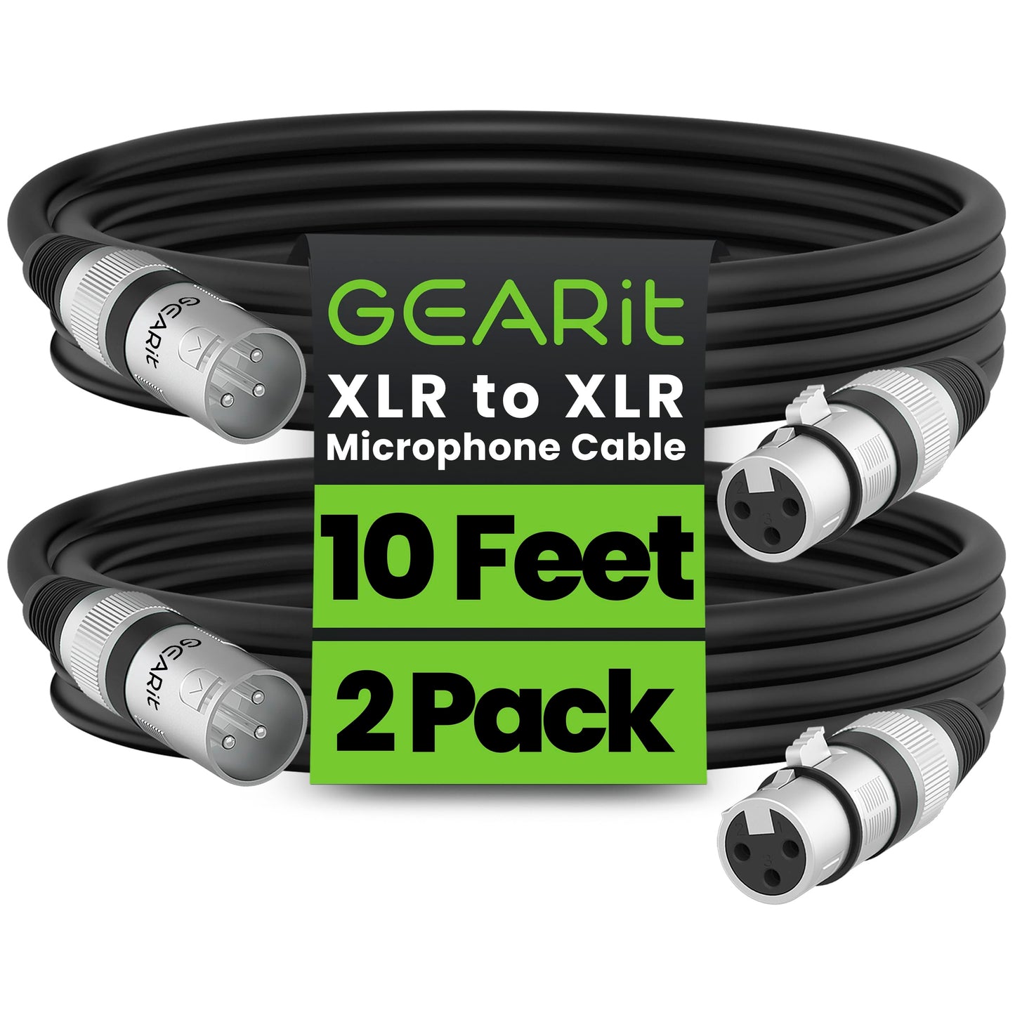 GEARit XLR Male to Female Microphone Cable (10 Feet, 2-Pack) 3-Pin Balanced Shielded Mixer, Recording Studio, Podcast - Black