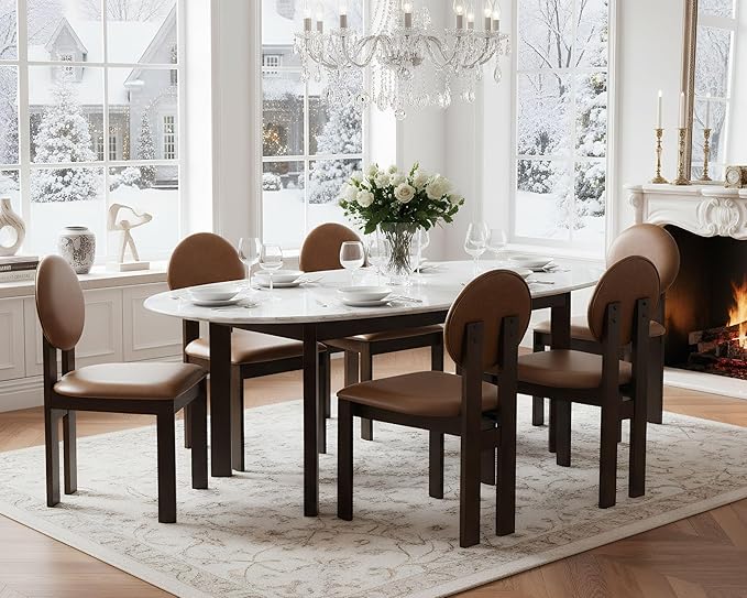 Modern Wood Dining Chairs Set of 4, Farmhouse Brown Faux Leather Kitchen Chairs with Round Back & Walnut Legs, Mid-Century Armless Upholstered Accent Chairs for Dining Room/Living Room/Restaurant