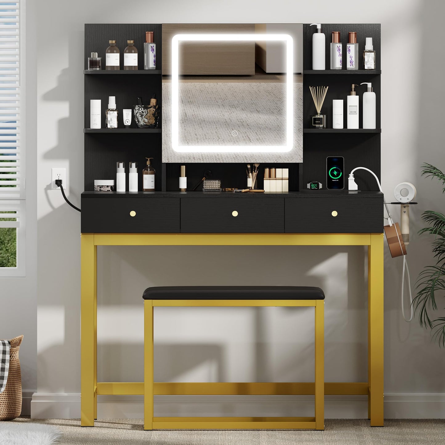 DWVO Vanity Desk with LED Lights Mirror & Power Outlet, Adjustable 3 Lights Modes, Makeup Table with Stool and Hidden Storage Shelves, 3 Drawers, Dressing Table Set with Chair, Upgraded, Black