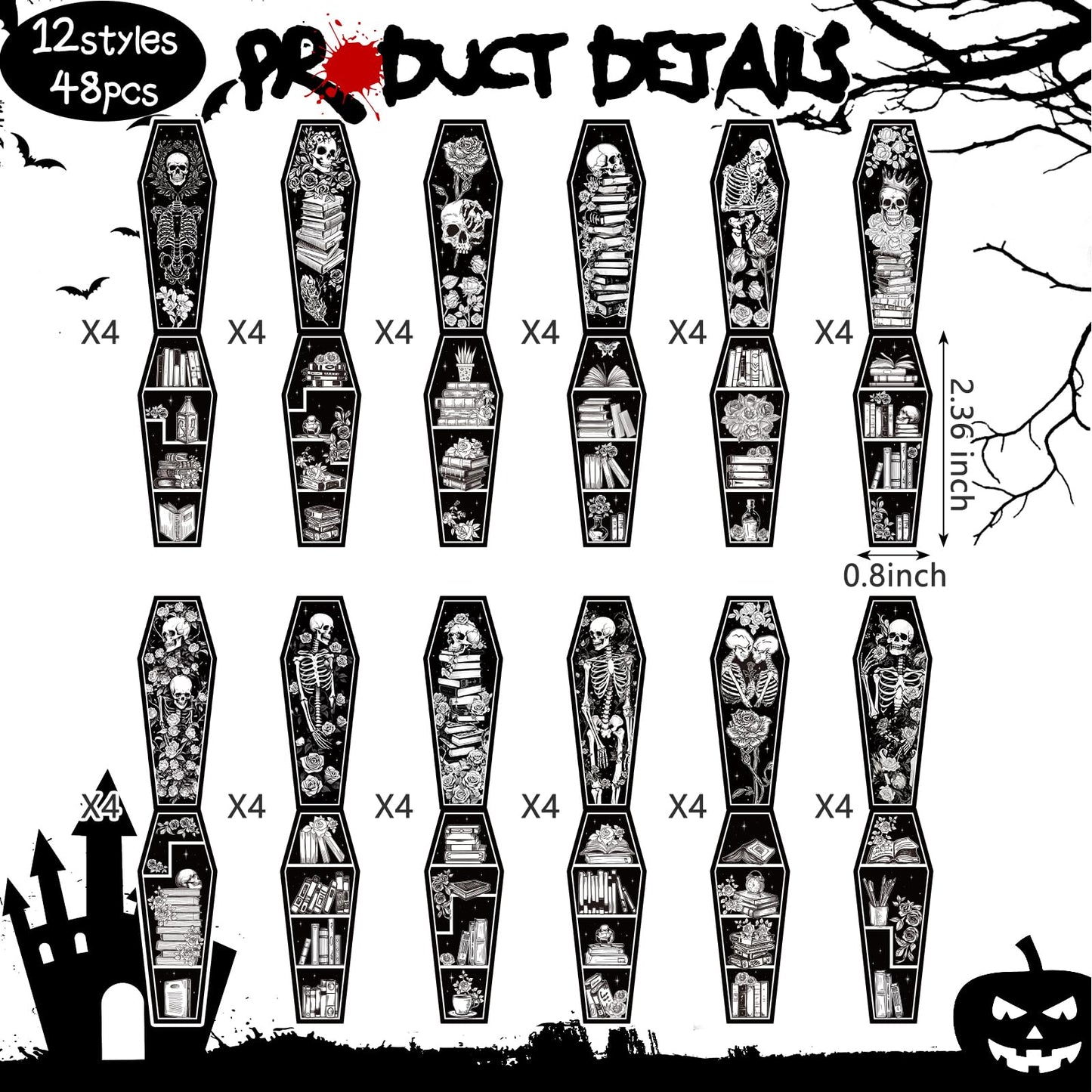 Clabby 48 Pcs 12 Style Mini Size Gothic Skeleton Coffin Magnet Bookmarks with Magnet Halloween Gothic Book Marker Holiday Gift for Book Lovers Bookworm Bookish