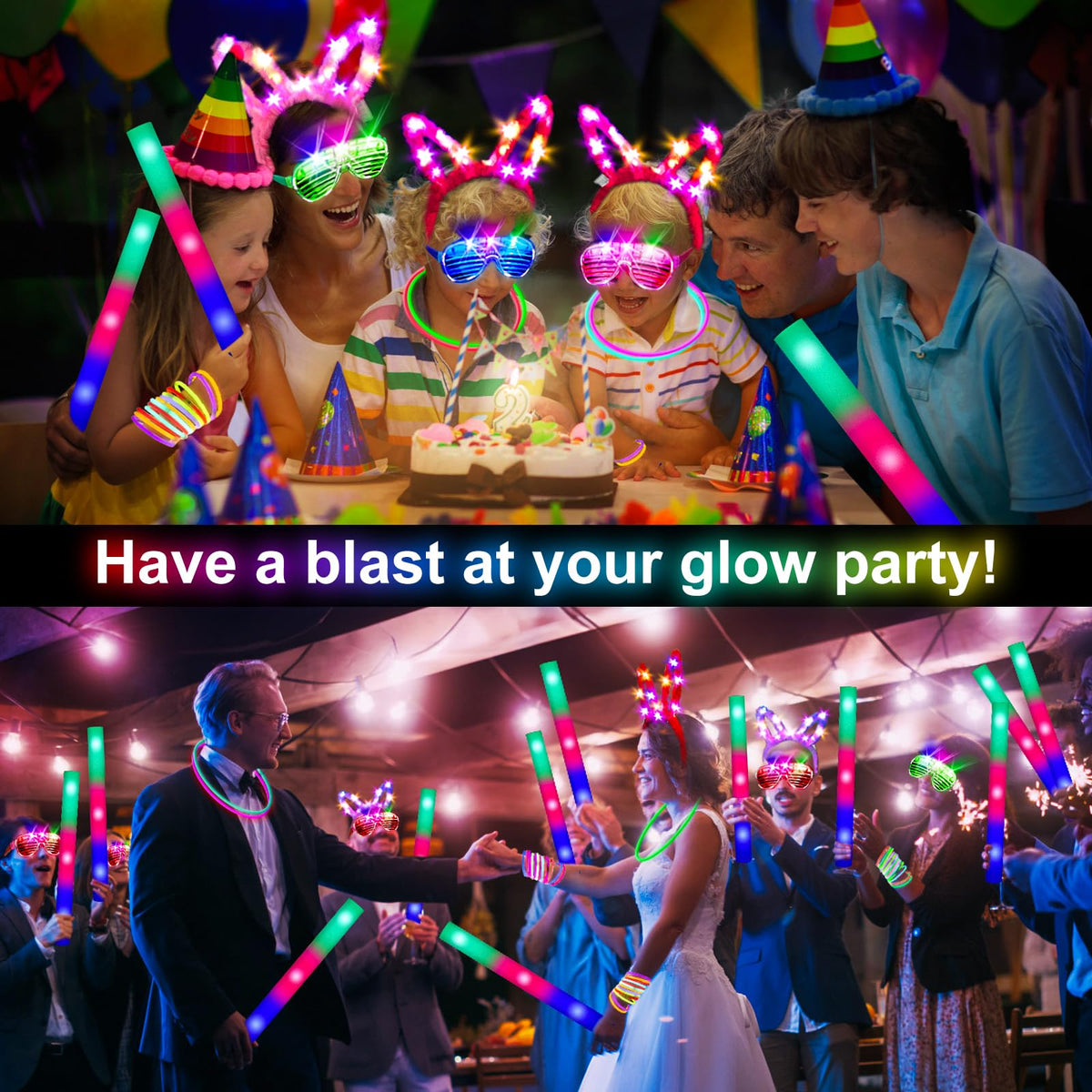 SHQDD 236 PCS Glow in the Dark Party Supplies, Halloween Party Favors, 12PCS 16" Foam Glow Sticks, 12PCS LED Glasses, 12PCS Bunny Ear Headband and 100PCS Glow Sticks for Neon Party for Kids or Adults