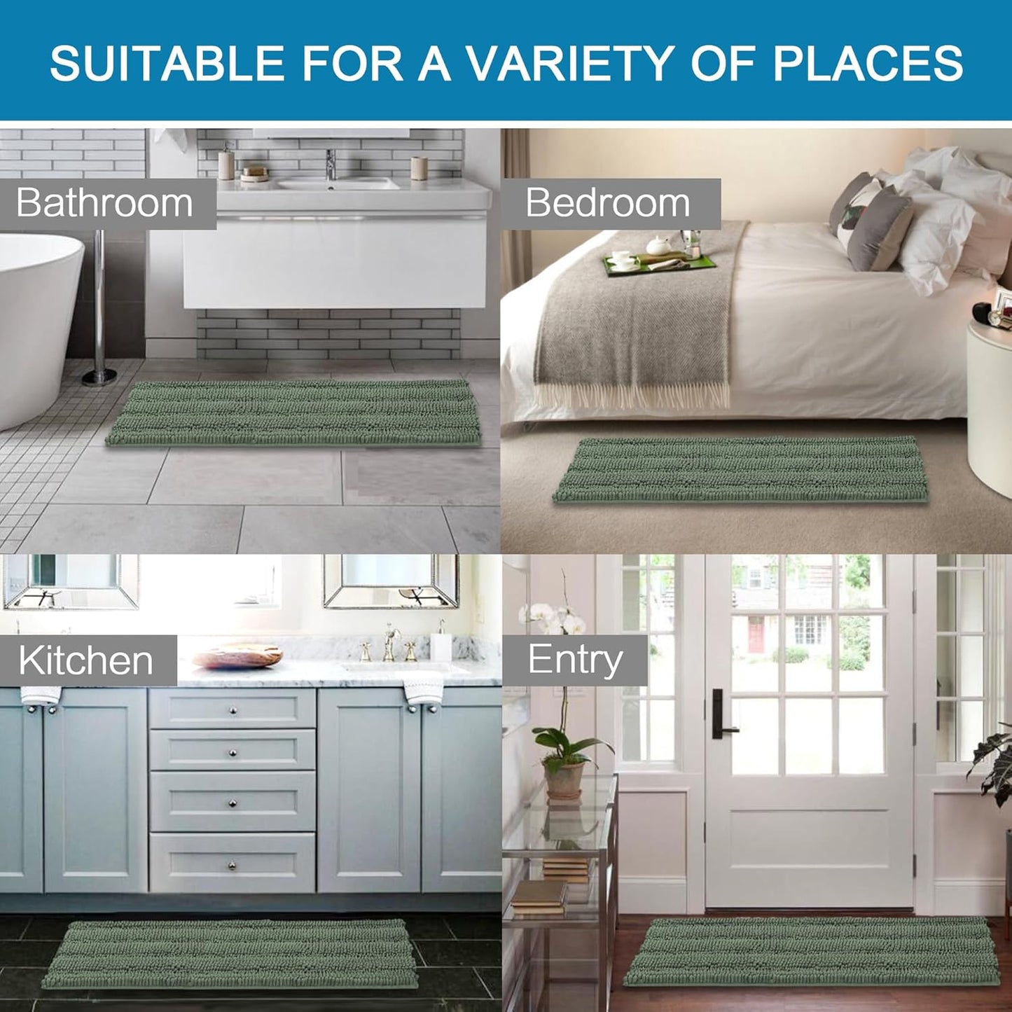 H.VERSAILTEX Bathroom Rugs Bath Mat Runner Rug Non Slip Kitchen Rug Extra Long Bath Rug Runners Oversized 59" x 20" Absorbent Washable Dry Fast Plush Area Rug for Bathroom/Bedroom - Green Bay