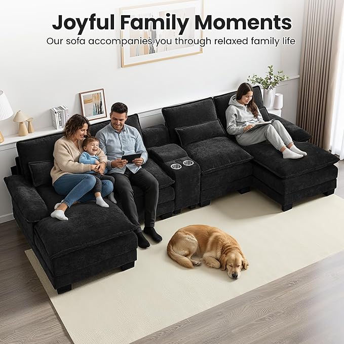 125" U Shaped Cloud Modular Sectional Couch for Living Room, Small Comfy Chenille Sofa with Double Chaise Lounge, Storage Central Console, Cup Holders, USB Port,Black
