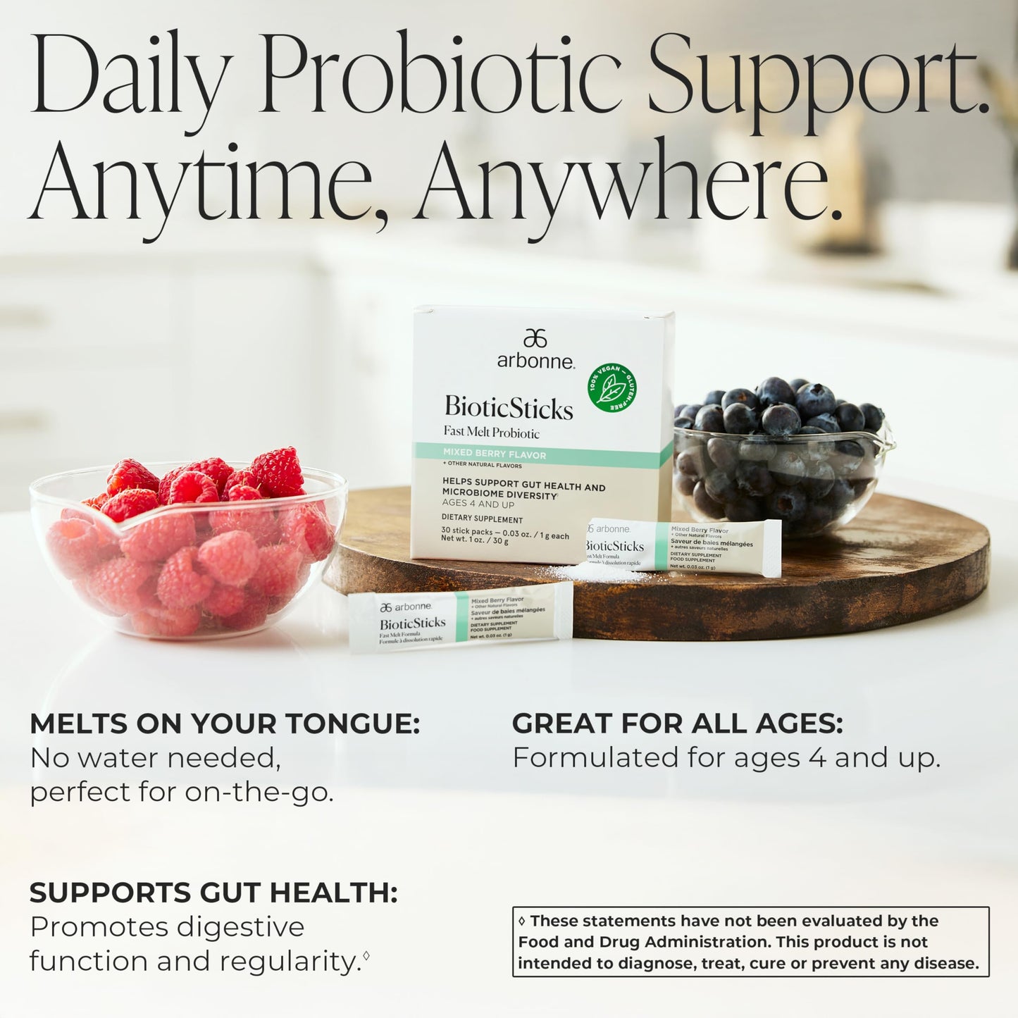 Arbonne BioticSticks Fast Melt Probiotic for Gut Health – Probiotics for Women, Men, and Kids – Gut Health Supplement – Vegan, Gluten-Free, Non-GMO – Mixed Berry Flavor – 30 Stick Packs
