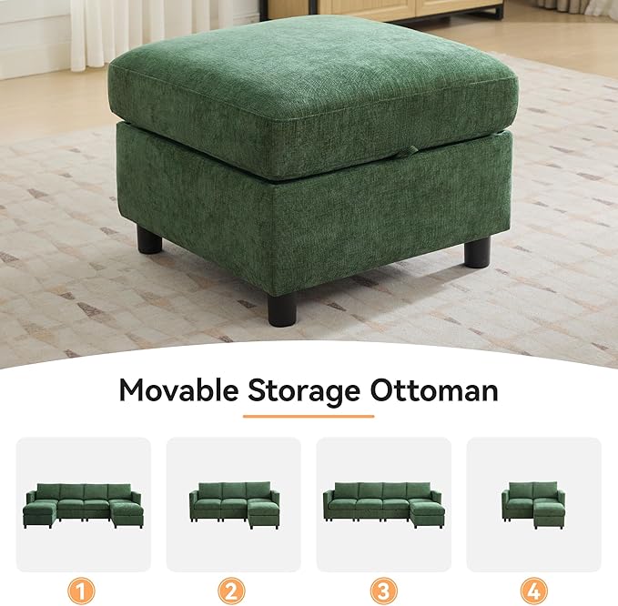 WUTUTUEE 58”Modular Sectional Loveseat Sofa with Storage, Comfy Office L Shaped Sofa Couch, Chenille Love Seat Modular Sectional Couch with Movable Ottoman for Living Room, Bedroom, Dark Green