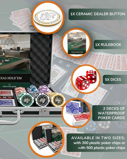 Bullets Playing Cards | Poker Set Christopher | 300 Plastic Poker Chips (12 g) with Aluminum Case, Plastic Playing Cards & Dice – Texas Hold’em, Numbered Values