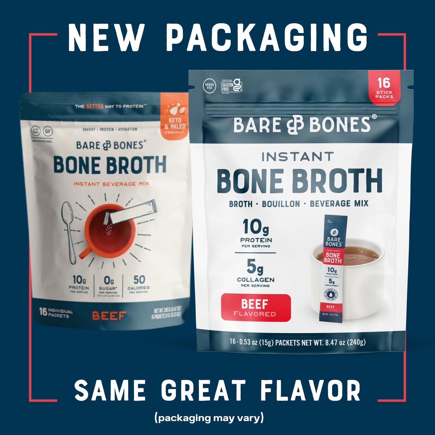 Bare Bones Beef Bone Broth Instant Powdered Mix Packets | 5g Collagen | 10g Protein | Keto & Paleo Friendly | No Artificial Flavors | Rich Savory on-the-go 16 Pack