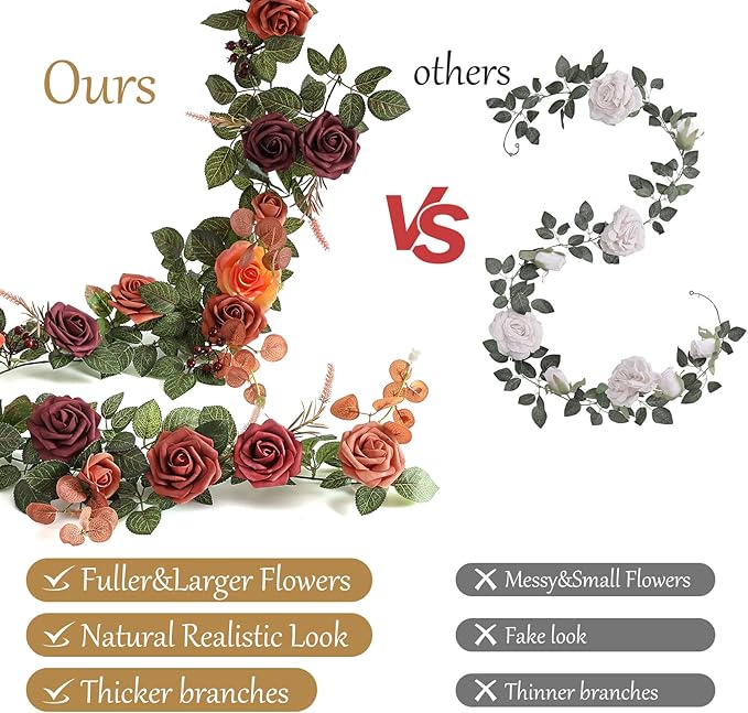 5FT Terracotta Artificial Flower Garland Fall Floral Garland Burnt Orange Arch Rose Vine for Wedding Ceremony Party Backdrop Decor Arch Flowers Mantel Table Centerpieces Decorations