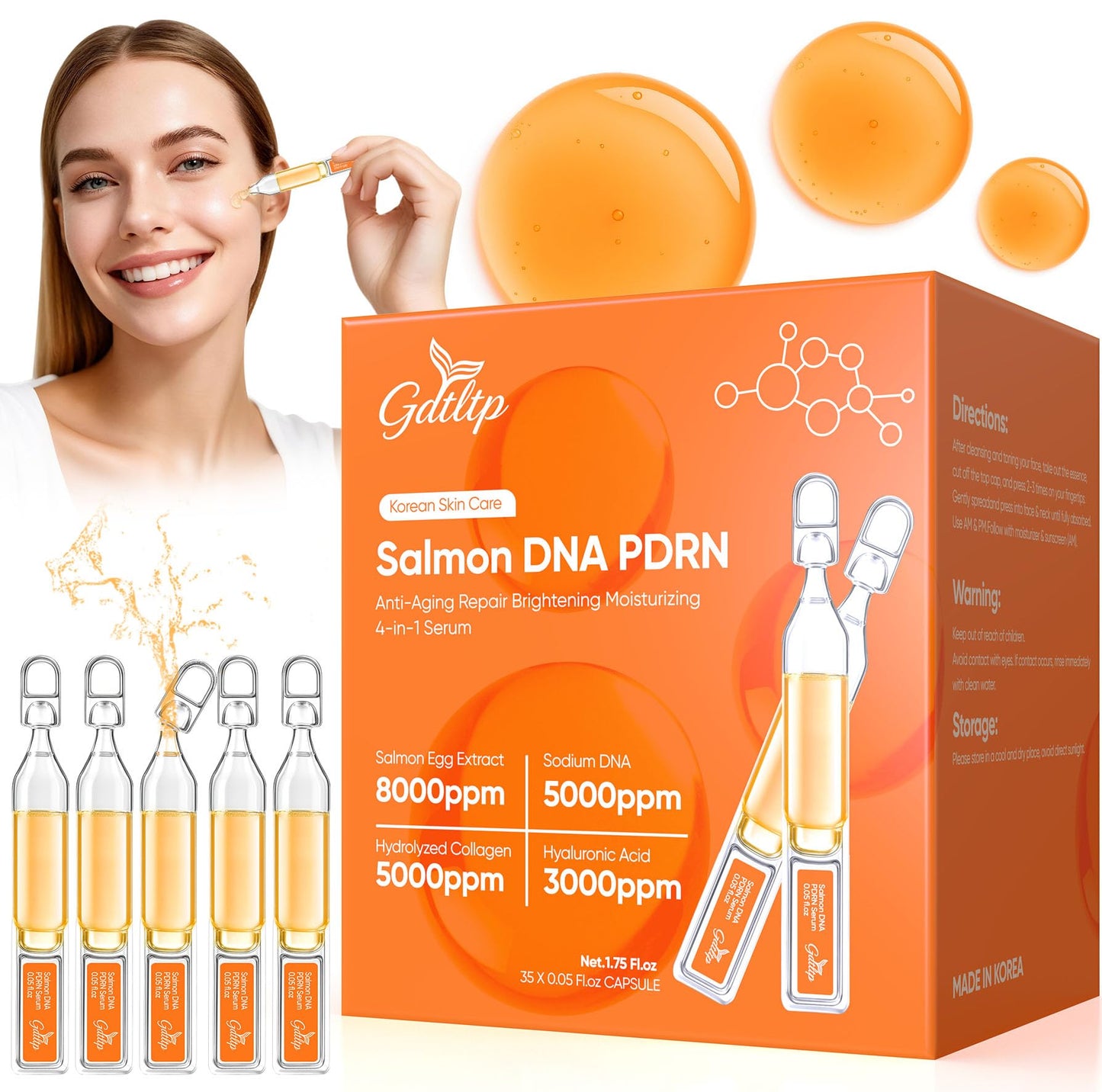 Salmon DNA Serum, Anti-Wrinkle PDRN Serum, 8000ppm Salmon Egg Ampoule, Collagen, Glutathione, Niacinamide, Hyaluronic Acids, Vit