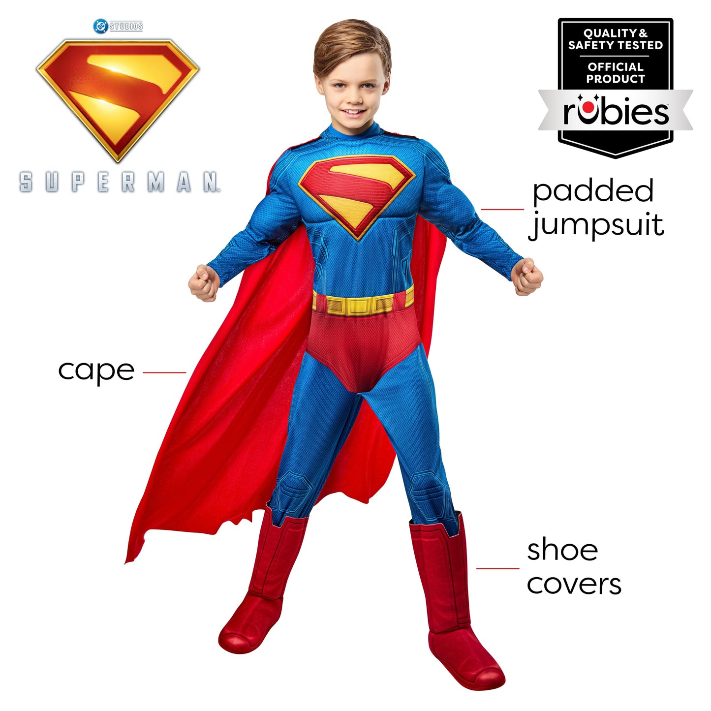 Rubies Superman Deluxe Kids Boys Costume Jumpsuit with Shoe Covers and Cape, X-Small, for Superhero Dress Up, Parties and Halloween