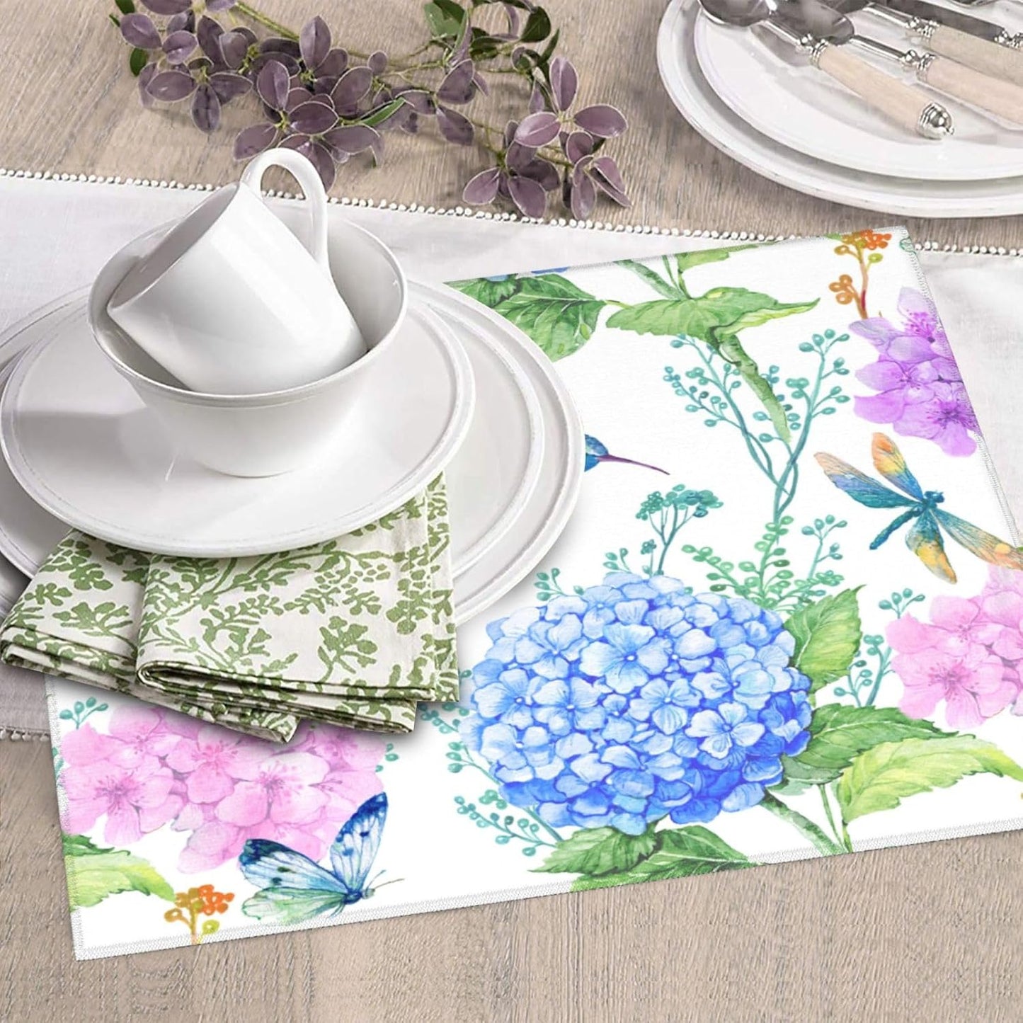 Dish Drying Mat Spring Hummingbird Flower Hydrangea for Kitchen Counter Absorbent Dishes Drainer Microfiber Small 16x18 Inch