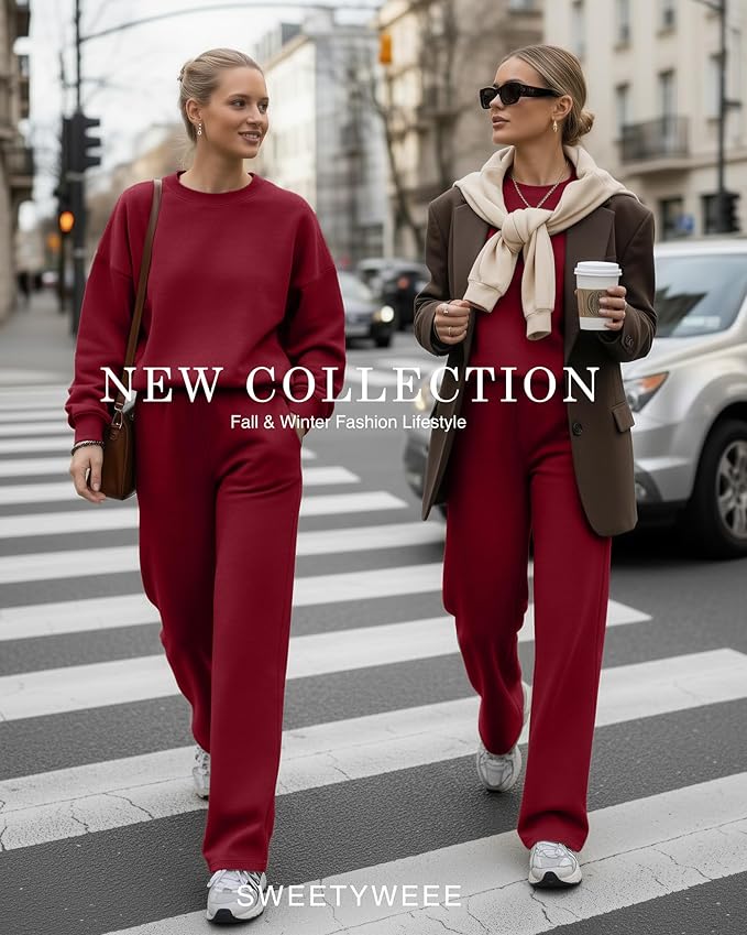Sweetyweee Women's 2 Piece Outfits Set Fleece Lined Lounge Sweatsuit Crewneck Pullover Top Wide Leg Pants Casual Tracksuit