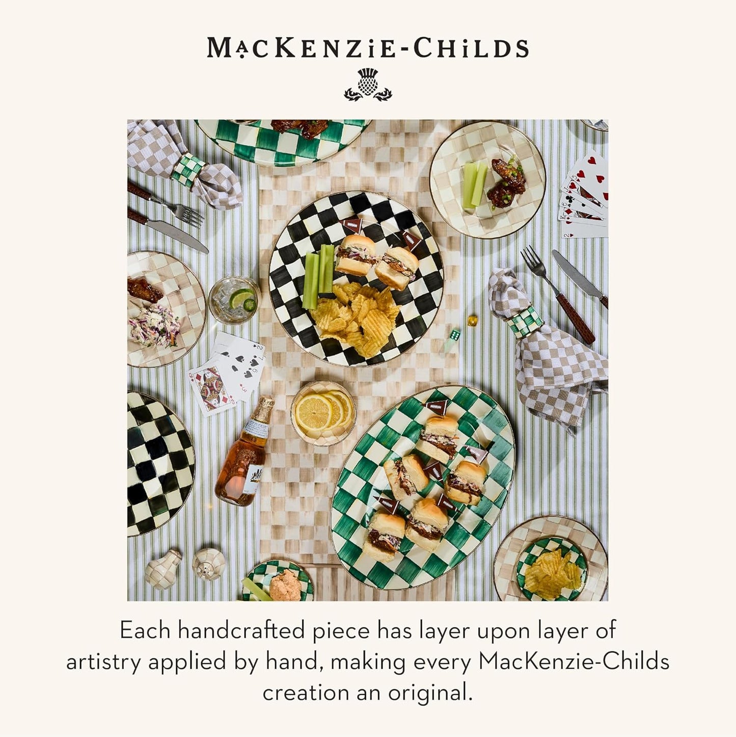 MACKENZIE-CHILDS Enamel Oval Platter, Serving Plate for Entertaining, Large, Green-and-White Emerald Check